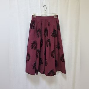 Modcloth Eggplant Purple Midi Skirt Black Velvet Damascus Peacock